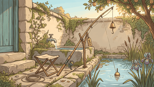 A bamboo fishing rod propped over a stone trough with a brass bell on its tip and a tag hand-lettered WATCH