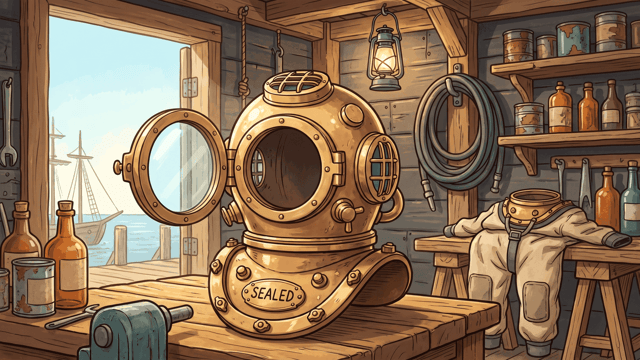 A brass diving helmet on a workbench with its face plate hinged open, its collar plate hand-lettered SEALED