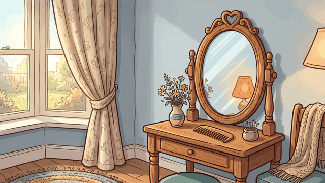 An ornate oval swing mirror standing on its posts on a dressing table, a small heart carved into the top of its wooden frame