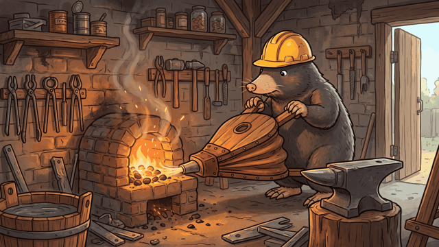 A mole in a yellow hard hat working large leather bellows at the mouth of a glowing brick forge