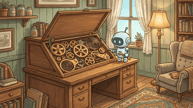 A small round robot opening a writing desk to reveal a nest of brass clockwork inside it