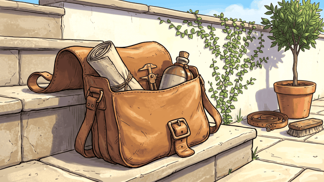 A worn leather courier satchel standing open with a rolled map and a flask inside, on a broad sunlit stone garden step below a limewashed wall