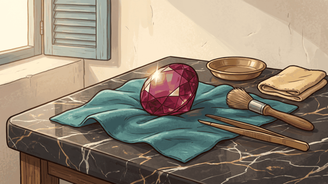 A large faceted red gemstone on a fold of teal velvet cloth with brass tweezers beside it