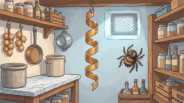 A cartoon spider leaning away from a long amber spiral of sticky fly-paper hanging in a pantry