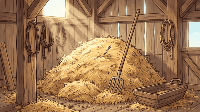 A single bright needle glinting in a big mound of golden straw in a timber barn, a pitchfork standing in it