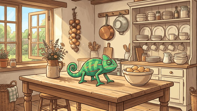 A cartoon chameleon standing exposed in bright sunlight in the middle of a pale scrubbed kitchen table