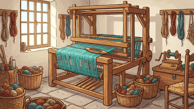A wooden hand loom with a bright teal warp stretched on it and a shuttle caught mid-pass