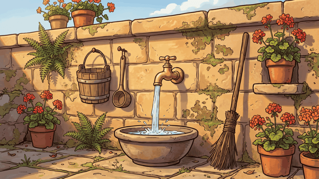 A polished brass spigot in a sandstone wall running clear water into a stoneware bowl