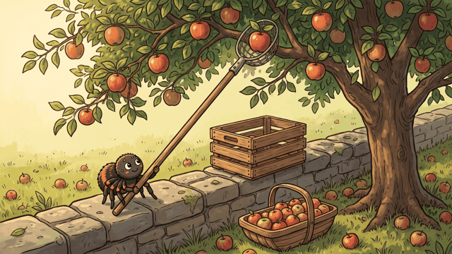 A cartoon spider using a long apple picker to close around one single ripe apple in an orchard tree