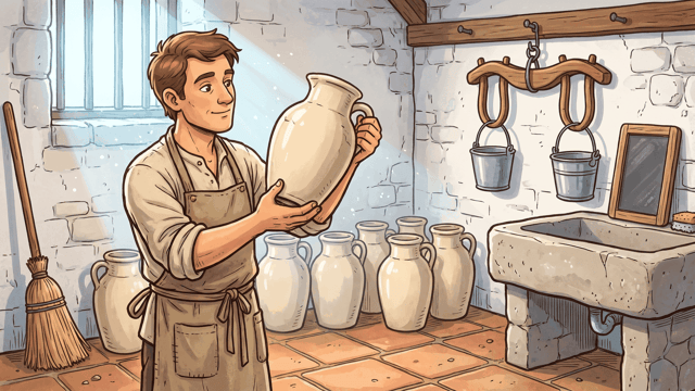 A shopkeeper in a canvas apron holding a cream earthenware jug up to the light in a cool stone dairy