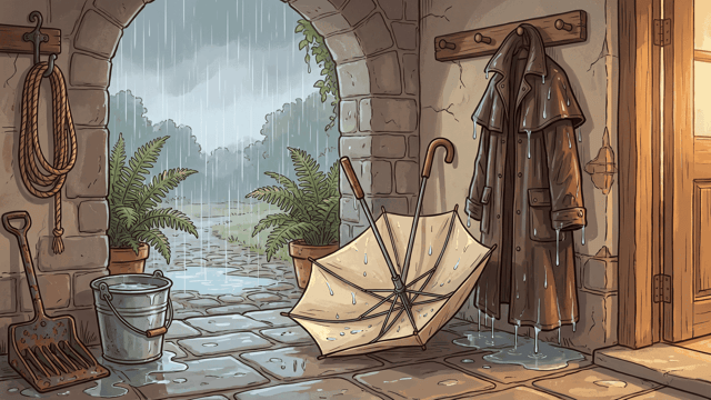 An open cream umbrella drying on wet flagstones beside a dark oilskin cape hanging on a peg in a stone porch