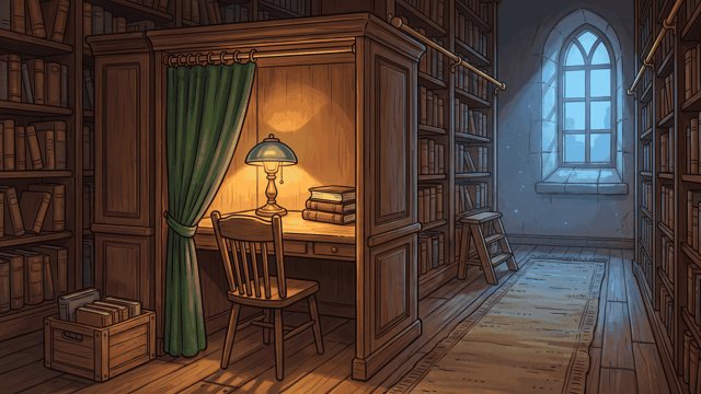 A wooden library reading carrel with its green baize curtain half drawn and a green-shaded lamp lit inside