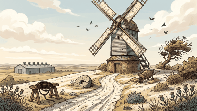 A timber windmill with canvas-covered sails stands on a bright chalk down at the end of a rutted white track, an old millstone leaning beside it and a long low shed on the horizon.