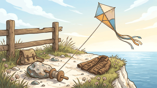 A diamond kite with coloured panels and ribbon tails flies high on a taut line from a wooden winder wedged under a stone on a chalk clifftop path above the sea.