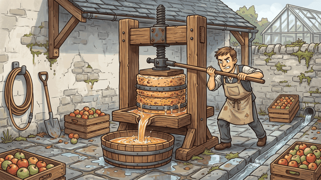 A man in an apron leans on the bar of a tall wooden screw cider press in a flagged yard, cloudy juice running from the pressed pomace into a wide wooden tub, with crates of apples around him.