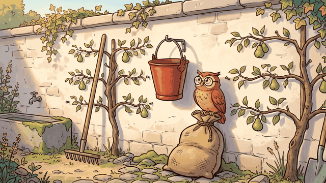A red conical fire bucket hangs from an iron bracket on a limewashed garden wall beside a plump hessian sandbag, with a spectacled owl perched on the sack between espaliered pear trees.