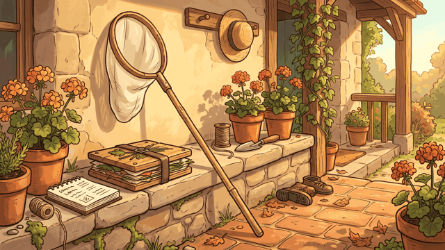 A long-handled butterfly net with a wide pale gauze hoop leans against the wall of a warm terracotta porch among potted geraniums, a plant press and an open notebook on a stone ledge.