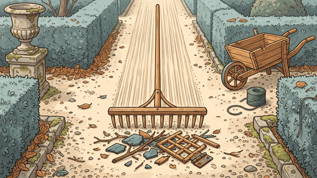 A big wooden hay rake stands head-down on a pale raked gravel path between clipped hedges, twigs, slates and a broken lattice gathered at its teeth, with a wooden wheelbarrow beside the path.