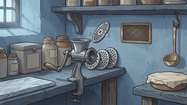 A cast-iron table mincer clamped to a slate shelf in a blue-grey larder, with three perforated cutting plates standing on edge beside it and another lifted clear above them.