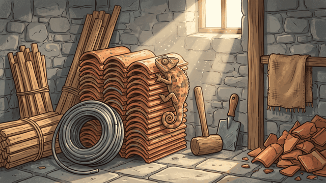 A chameleon coloured exactly like the terracotta pantiles it clings to sits on a tall stack of them in a grey stone outbuilding lit by a shaft of daylight, with a mallet and trowel nearby.