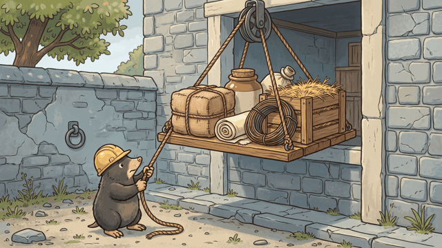 A mole in a yellow hard hat hauls on a rope to raise a plain oak hoist platform loaded with a sack, a jar, a coil of rope and a crate of straw up to an opening in a grey stone warehouse wall.
