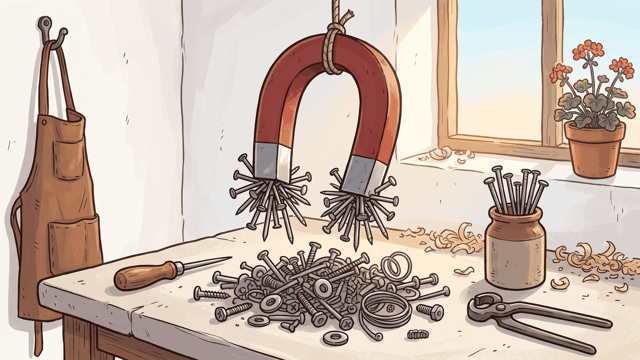 A red horseshoe magnet hangs on a cord in a whitewashed workroom with a dense cluster of bright nails clinging to each of its steel poles, lifted clear of a heap of loose washers, screws and nails on the scrubbed worktop below.