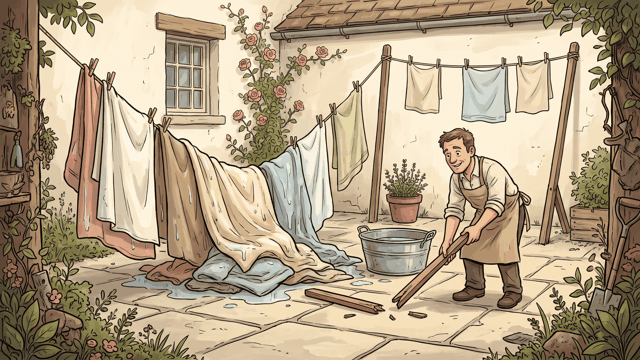 In a limewashed cottage yard a washing line sags under so many heavy wet sheets that they trail on the flagstones, while a shopkeeper in an apron stoops to pick up the snapped halves of its wooden prop and a second, lightly loaded line hangs taut behind.