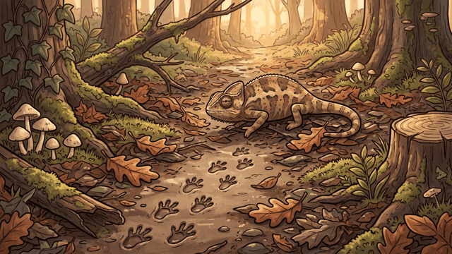 A chameleon lies flat on a woodland path, its skin matched almost exactly to the wet brown leaf litter beneath it, betrayed by a long line of its own small footprints pressed deep into the mud behind it.
