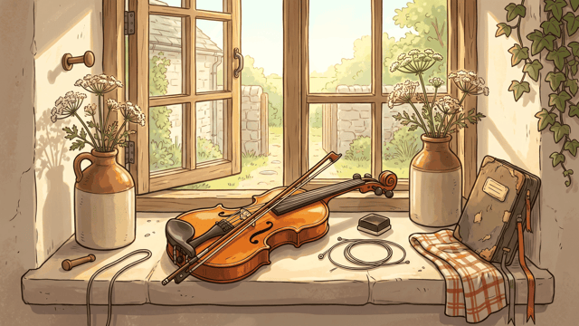 A fiddle lies on its side along a broad pale stone windowsill with its bow laid across the strings, beside a rosin block and a music case, under an open casement looking out onto a sunlit yard.