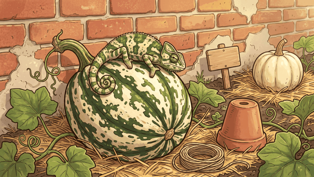 A chameleon lies stretched along the top of a big green-and-cream mottled gourd ripening on straw against a red brick wall, matched so closely to its blotches that only its tail and eye give it away, with a plain pale gourd and a terracotta forcing pot further along the row.