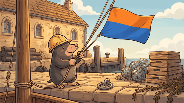 A mole in a hard hat hauls hand over hand on a halyard at the foot of a tall mast on a stone quay, raising a plain two-colour signal flag that stands out stiffly above a stack of fish boxes and a heap of net floats.