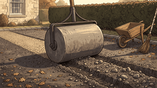 A heavy stone garden roller standing on a gravel sweep exactly where the smoothly rolled surface behind it gives way to deep ruts and loose stones ahead, with a clipped yew hedge behind.