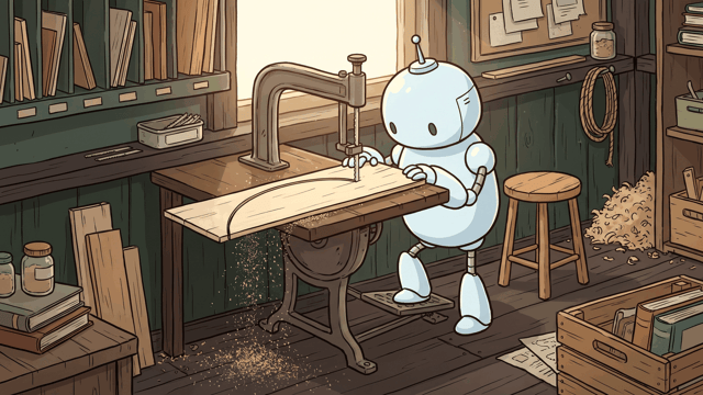 A small round robot at a cast-iron treadle fretsaw, one foot on the treadle and both hands guiding a thin board through the blade, in a workshop with dark green boarded walls.