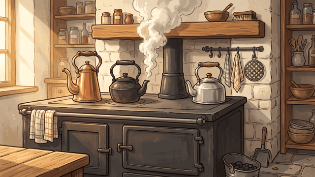 Three plainly different kettles, one copper, one cast iron and one tin, standing side by side on a big black kitchen range, the middle one at the boil with steam standing up from its spout.