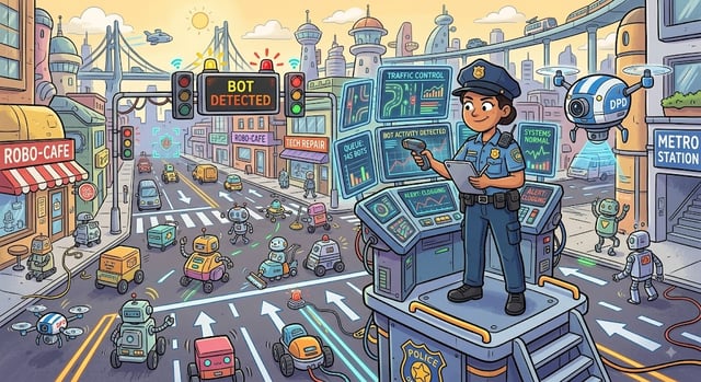 A police officer standing at a raised control console of screens reading BOT ACTIVITY DETECTED, above a city street crowded with small robots crossing under a sign lettered BOT DETECTED
