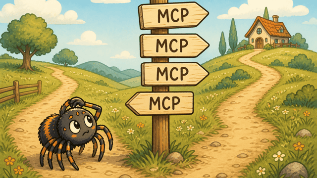A puzzled cartoon spider at a crossroads signpost carrying four identical MCP arrows, three pointing one way and one pointing the other