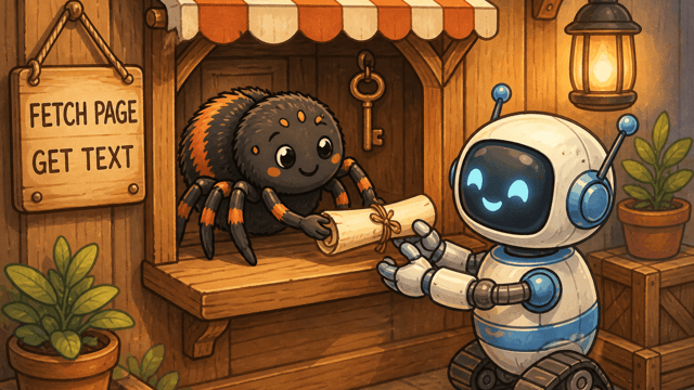 A cartoon spider serving a small robot from a wooden service hatch with a short menu board, the key staying inside the stall