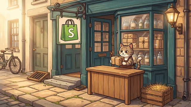 A cartoon tabby cat in a brown apron standing behind a plain wooden counter on a cobbled street, holding up a wrapped brown paper parcel, in front of a dark teal shop front whose hanging sign carries a green shopping bag with a white letter S on it, with a display window of jars and wrapped parcels behind it, a bicycle leaning at the left and a lit brass lamp at the right.