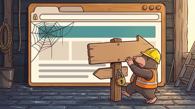 A mole in a yellow hard hat and an orange high-visibility vest pushing a large wooden arrow signboard round on its post so that it points the opposite way to the smaller arrow fixed below it, with a closed brass padlock hanging from the post, in front of a tall wooden panel built as a web browser window with a small padlock in its address bar, a teal banner and grey rules on its page, and a spider web spun across its top left corner.