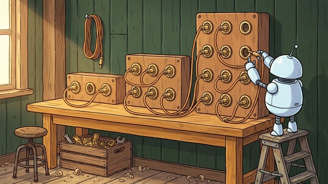 A small round robot on a wooden step-ladder plugging an amber patch cord into the tallest of three wooden switchboards standing in a row on an oak bench, each board larger than the one before it and set with rows of big brass sockets joined by looping cords, against a dark green plank wall with a coil of spare cord on a nail, a stool and a crate of brass fittings below.