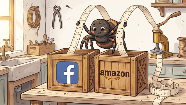 A cartoon spider standing between two wooden crates on a scrubbed workbench, drawing a punched paper tape up out of each of them, the left crate painted with a blue rounded square carrying a white lowercase f and the right crate painted with the word amazon and a curved arrow beneath it, the right-hand tape running on through a small brass press and coiling on the bench, with a stone sink, a coil of twine and a box of tools around them.