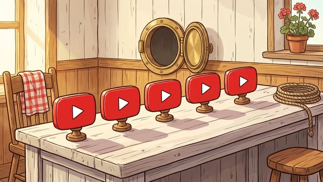 Five identical rounded red badges, each carrying one white right-pointing triangle, standing in a row on turned wooden feet along a pale scrubbed wooden counter, with a small round brass hatch standing open in the cream plank wall behind them, a chair with a checked cloth over it at the left and a potted geranium on the sill at the right.