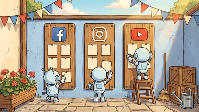 Three small round robots working a row of three wooden noticeboards fixed to a pale blue courtyard wall, one pinning up a blank card, one holding a card up against the board and one on a step-ladder straightening the cards, each board headed with a platform mark: a blue rounded square with a white lowercase f, a white rounded-square camera outline and a red badge with a white triangle. Bunting is strung overhead, with geraniums at the left and stacked crates and a broom at the right.
