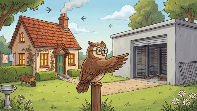 A brown owl in round spectacles perched on a wooden fence post between two buildings, its face turned to the small tiled cottage with lit windows, roses and a washing line on the left and one wing held out towards the long grey windowless building on the right, whose open roller door shows tall server racks with rows of small lights, on a mown lawn with daisies, a stone birdbath and a wheelbarrow under a blue sky with swallows.