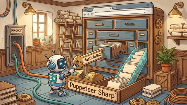 A robot with a C# badge operates a console labeled “Puppeteer Sharp” as a selector marked “//article/h2” pulls data cards from a browser-shaped filing cabinet connected through a wall relay labeled “PROXY”.