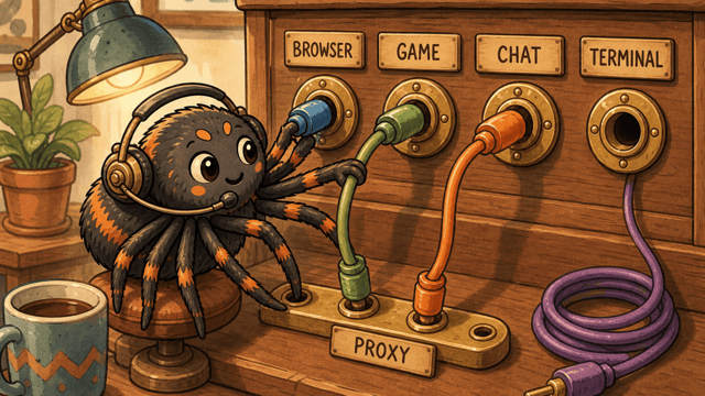 A cartoon spider at a switchboard patching individual application sockets through to a proxy rail, with one socket left unplugged