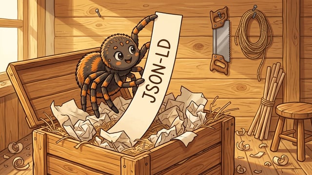 A brown and orange spider perched on the rim of an open wooden crate packed with crumpled paper and straw, drawing out a long clean cream ribbon of paper lettered JSON-LD in dark brown, in a timber workshop with a saw and a coil of rope hanging on the boarded wall, a bundle of dowels and a small round stool at the right and daylight from a window at the left.