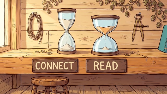 Two hourglasses standing side by side on a pale timber shelf, the left one almost run through with white sand and the right one still half full of amber sand, with two dark wooden plates on the shelf front below them lettered CONNECT and READ in cream, a coil of rope and a pair of dividers on the boarded wall and hop vines across the top of the frame.