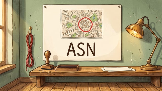 A large paper chart pinned to a green plaster wall showing a street map with one block ringed in red and ASN hand-lettered in dark brown beneath it, above a wooden bench holding a rubber stamp, an ink pad and two blank sheets, with a coil of red cord on a hook at the left and a lit brass desk lamp at the right.