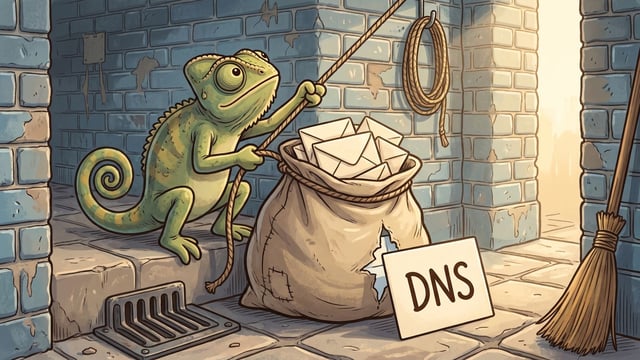 A green chameleon on a stone step hauling on a rope tied round the neck of a bulging canvas mail sack full of white envelopes, one envelope escaping through a split low in the sack beside a cast iron drain grating, and a cream card propped against the sack lettered DNS in dark brown, in a blue grey brick yard with a broom and a coil of rope.